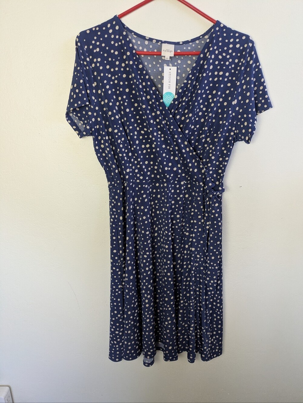 Blue & White Polka Dot Stretchy Side Tie Dress LG